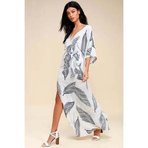 Lulus Sign Of The Times White And Navy Blue Leaf Print Maxi Dress - Size M